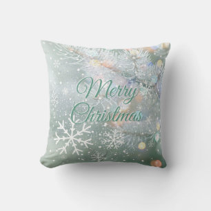 Green Merry Christmas Snowflakes Cushion