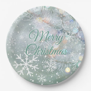 Green Merry Christmas Snowflakes  Paper Plate