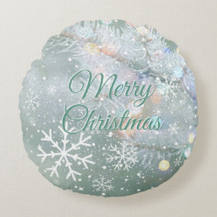 Green Merry Christmas Snowflakes Round Cushion