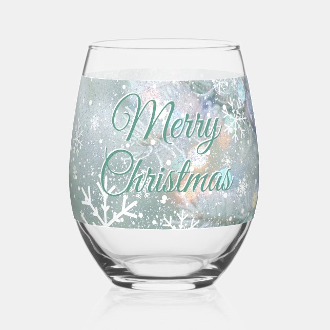 Green Merry Christmas Snowflakes Stemless Wine Glass (Front)