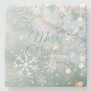Green Merry Christmas Snowflakes Stone Coaster