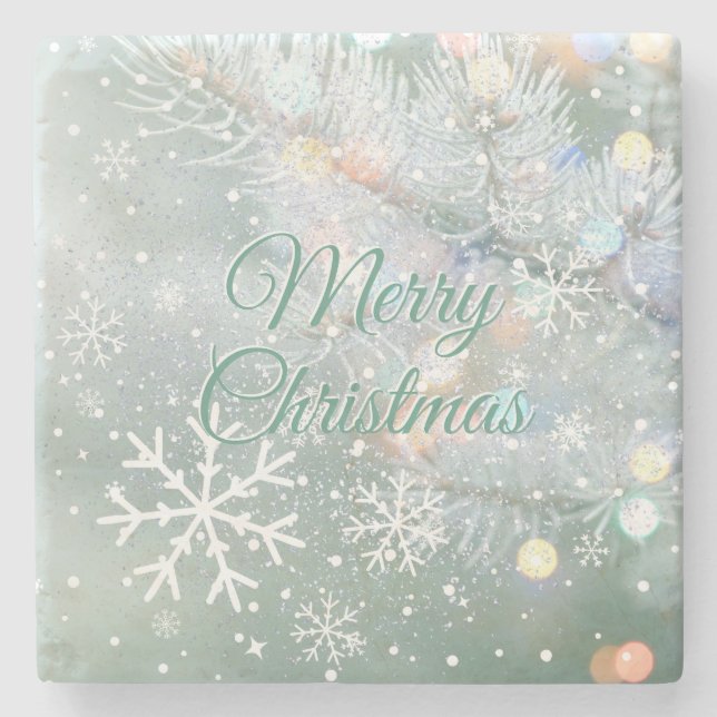Green Merry Christmas Snowflakes  Stone Coaster (Front)