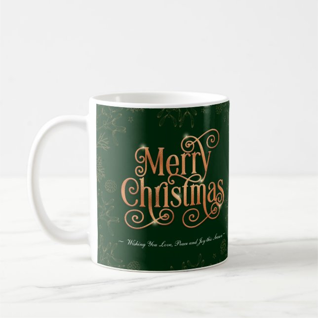 Green Merry Christmas Sparkle Gold Script Custom Coffee Mug (Left)