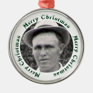 Green Merry Christmas Text Encircles Family Photo Metal Tree Decoration