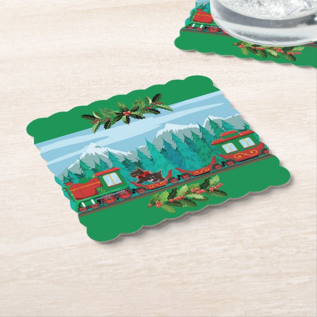 Green Merry Christmas Train Paper Coaster (Angled)