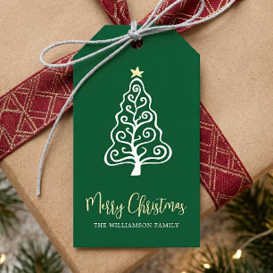 Green Merry Christmas Tree Script Name Whimsical Gift Tags