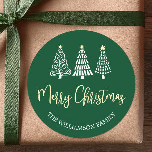 Green Merry Christmas Trees Script Name Whimsical Classic Round Sticker