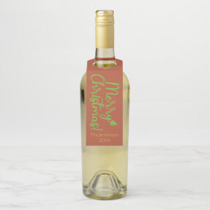 Green Merry Christmas Typography on Reddish-Brown Bottle Tag