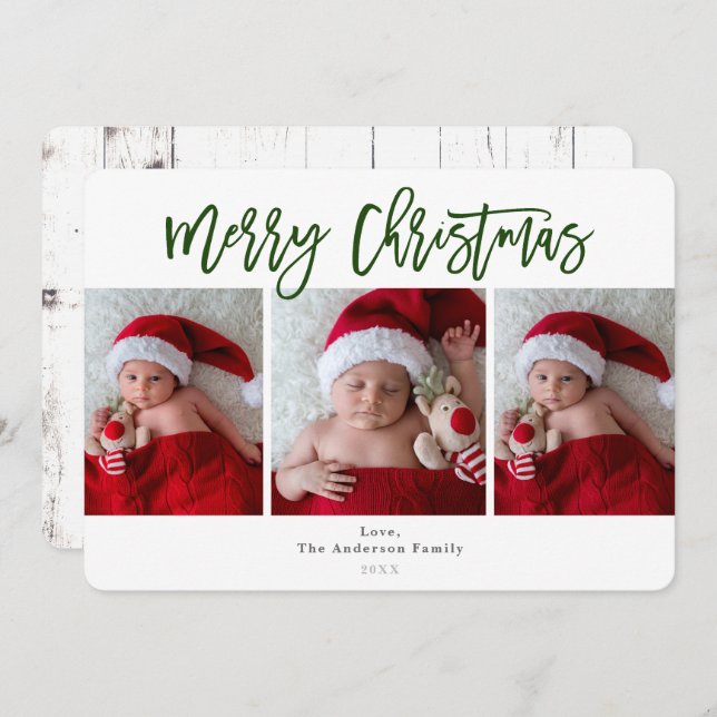 Green Merry Christmas White Wood Holiday Photo Invitation (Front/Back)