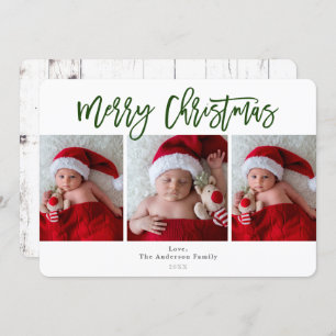 Green Merry Christmas White Wood Holiday Photo Invitation