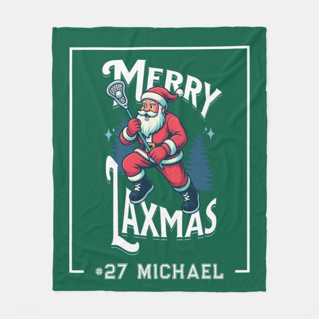 Green Merry Laxmas Personalised Lacrosse Christmas Fleece Blanket (Front)