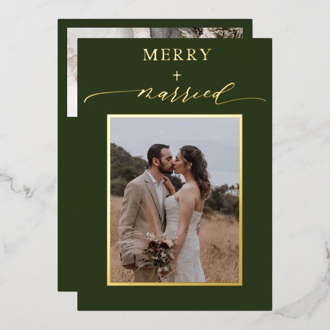 Green Merry Newlyweds 2 Photos Wedding Christmas Foil Holiday Card (Front/Back)