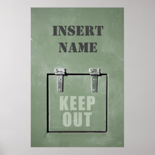 Green metal door, keep out poster