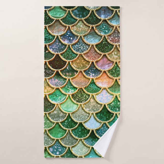 Green Metal Foil Glitter Gold Mermaid Fish Scales Bath Towel (Bath Towel)
