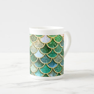 Green Metal Foil Glitter Gold Mermaid Scales Bone China Mug
