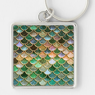 Green Metal Foil Glitter Gold Mermaid Scales Key Ring