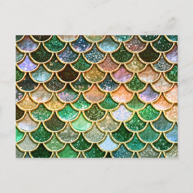 Green Metal Foil Glitter Gold Mermaid Scales Postcard (Front)