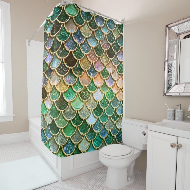 Green Metal Foil Glitter Gold Mermaid Scales Shower Curtain (In Situ)