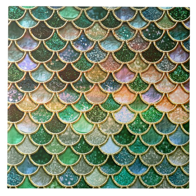 Green Metal Foil Glitter Gold Mermaid Scales Tile (Front)