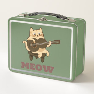 Green Metal Lunchbox – Cute Guitar Cat MEOW Design