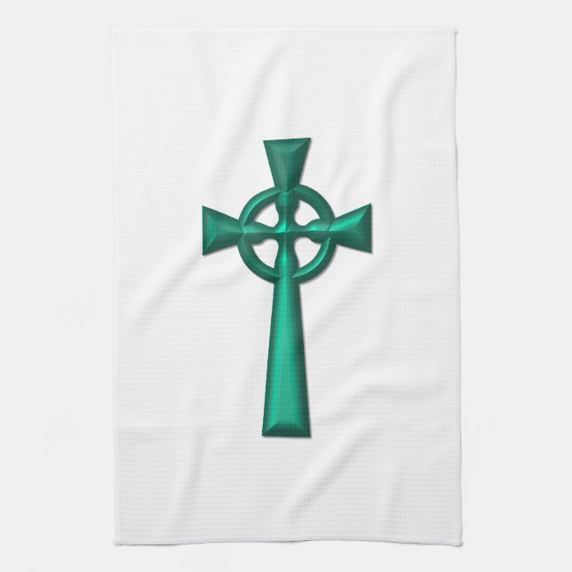 Green Metallic Celtic Cross Tea Towel (Vertical)