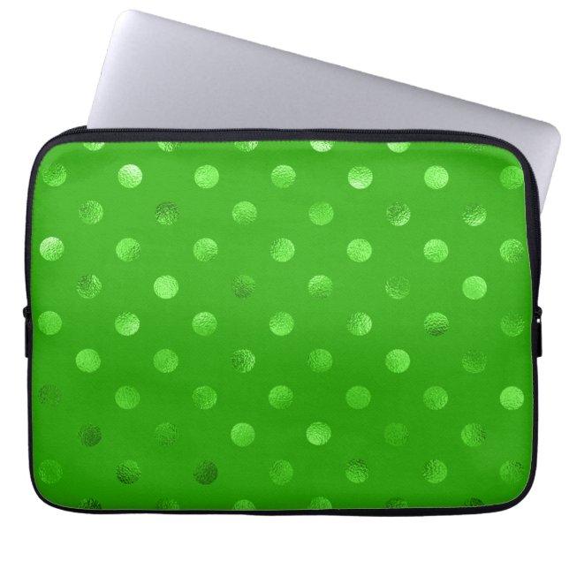 Green Metallic Faux Foil Polka Dot Background Laptop Sleeve (Front)