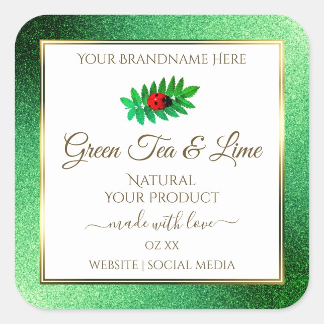 Green Metallic Glitter White Product Label Ladybug (Front)