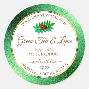 Green Metallic Glitter White Product Label Ladybug