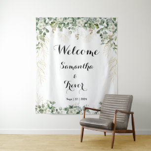 Green & Metallic Gold Blooms: A Wedding Welcome  Tapestry