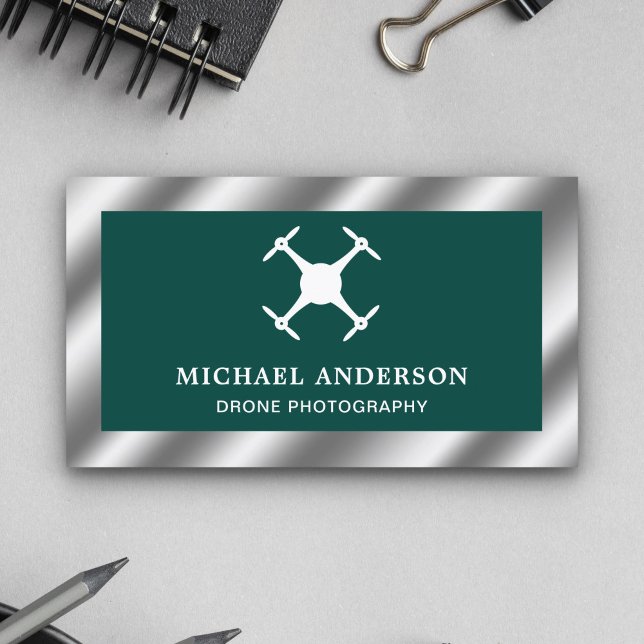 Green Metallic Steel Modern Drone Photography Business Card (Creator Uploaded)