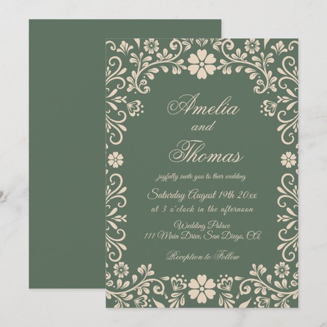 Green Mexican Floral Wedding  Invitation (Front/Back)