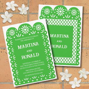 Green Mexican papel picado wedding invitation