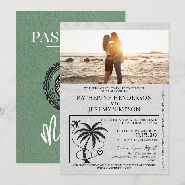 Green Mexico Passport Wedding Invitation (Front/Back)