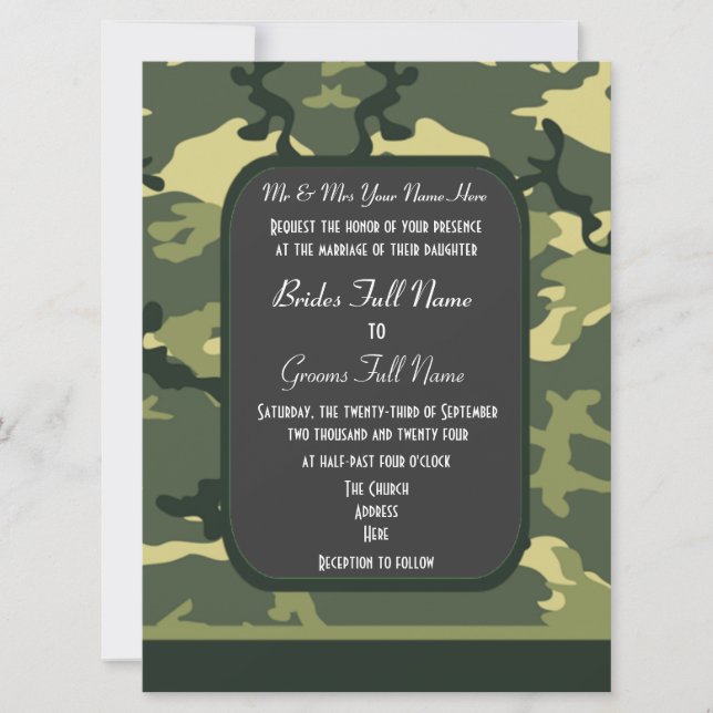Green military camouflage wedding invitation (Front)