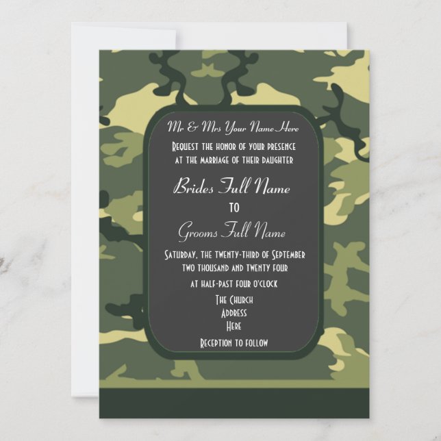 Green military camouflage wedding invitation (Front)