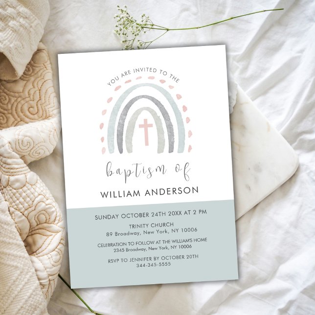 Green Minimal Boho Rainbow Cross Boy Baptism Invitation (Green Minimal Boho Rainbow Cross Boy Baptism Invitation)