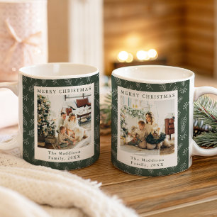 Green Minimal Christmas Leaf Pattern Family Photos Coffee Mug