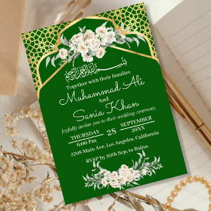 Green Minimal Floral Gold Islamic Muslim Wedding Invitation