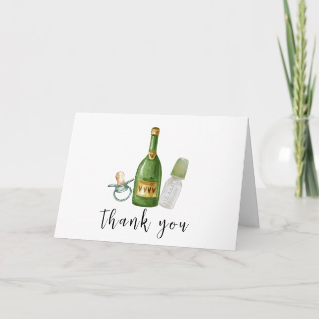 Green Minimal Poppin Champagne Bottles Baby Shower Thank You Card (Front)