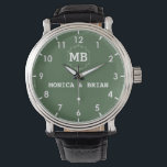 Green minimal simple Monogram Couple names Watch<br><div class="desc">Personalized watch with the names of the bride and groom or the couple in love. This watch can be customized by changing the text with the name of the loved one or the wedding date. It can be an ideal gift for newlyweds or for silver or golden wedding anniversaries. Monogram...</div>