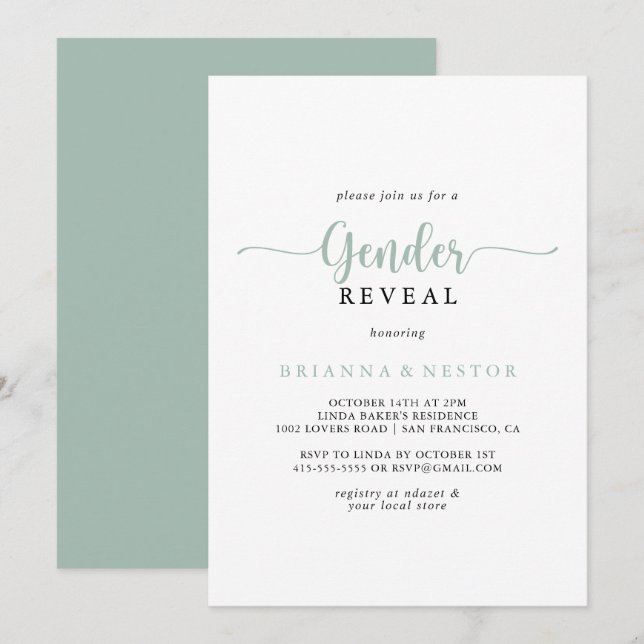 Green Minimalist Calligraphy Gender Reveal Party Invitation (Front/Back)