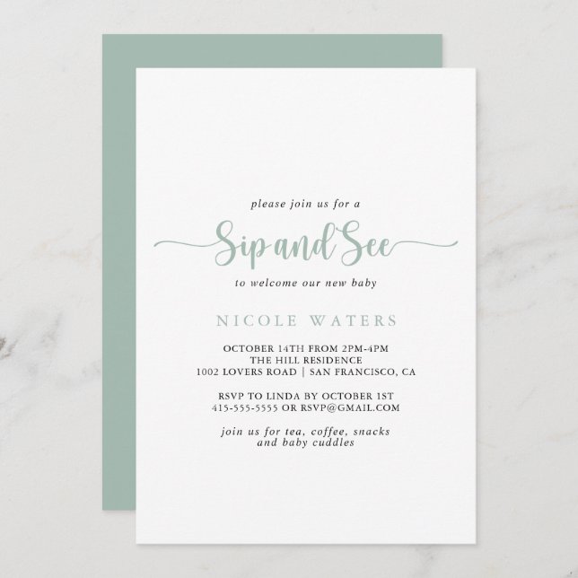 Green Minimalist Calligraphy Sip and See  Invitation (Front/Back)