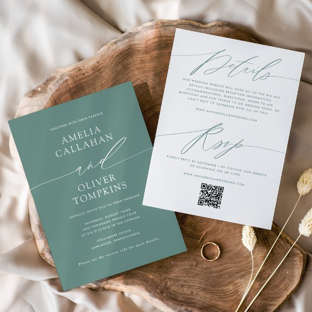 Green Minimalist Double-Sided Wedding Invitation (Creator Uploaded)