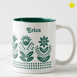 Green Minimalist Folk Art Floral Custom Name Two-Tone Coffee Mug