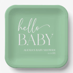 Green Minimalist Hello Baby Baby Shower Paper Plate
