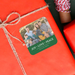 Green Minimalist Joy Love Peace Holiday Photo Square Sticker