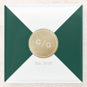 Green minimalist modern wedding monogram glass coaster