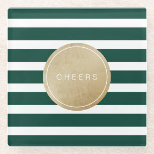 Green minimalist modern wedding stripes glass coaster