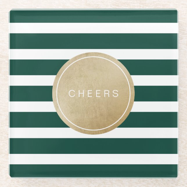 Green minimalist modern wedding stripes glass coaster (Front)