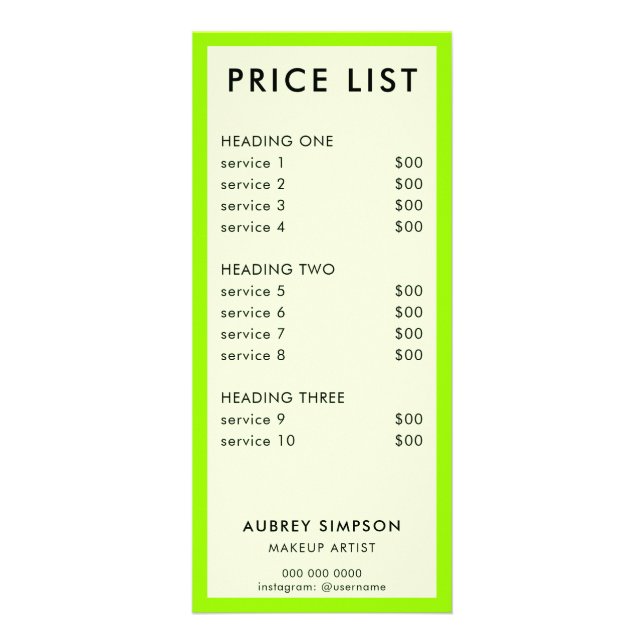 Green Minimalist Price List Rack Card (Front)